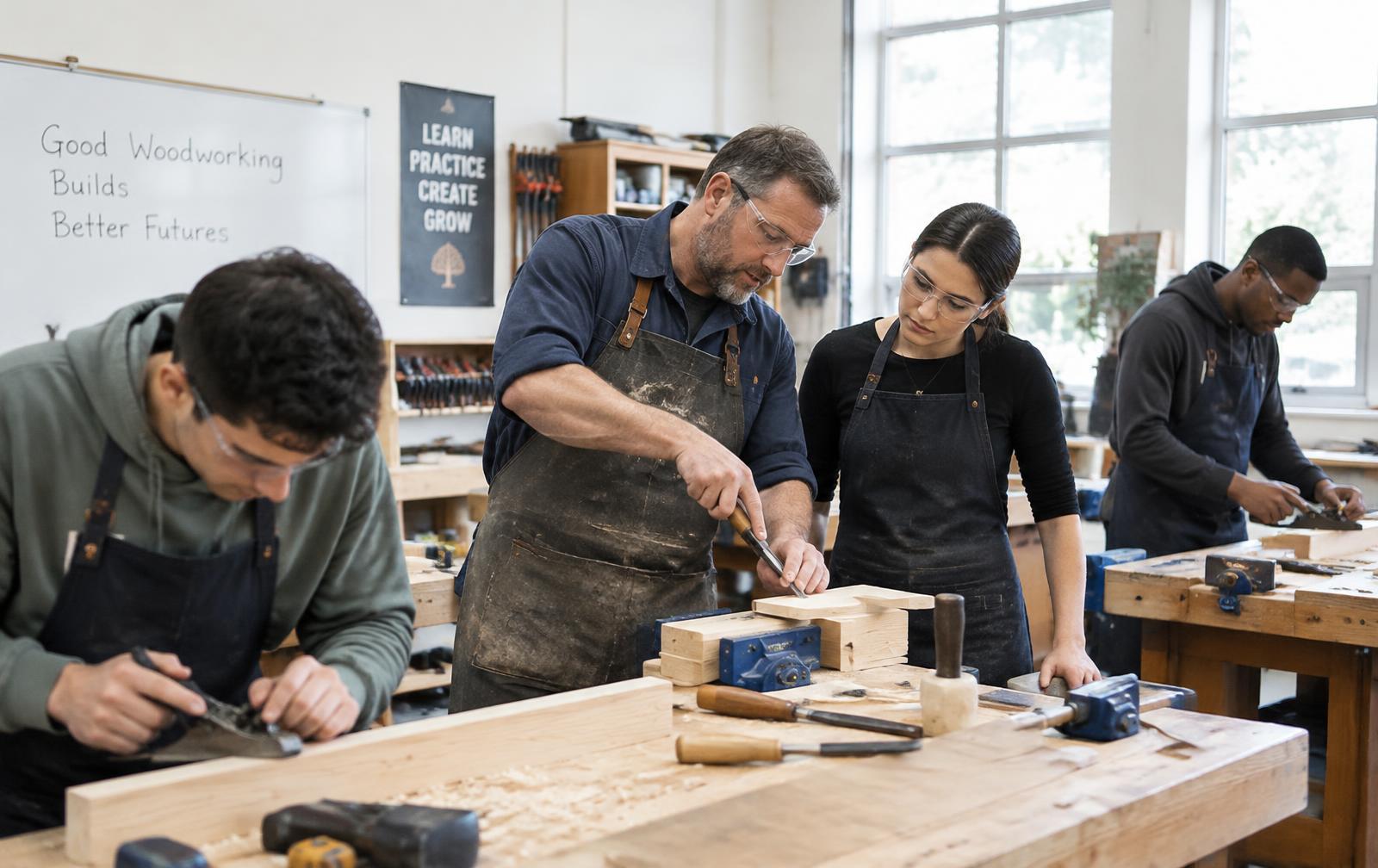 Adult learners practicing woodworking at workbenches with an instructor